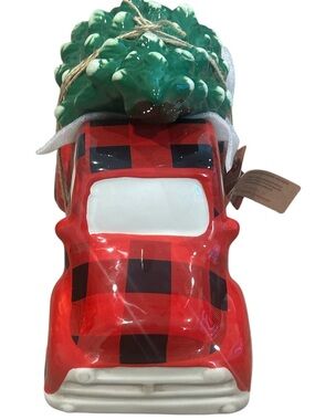 NWT Christmas Red Plaid Truck Ceramic Cookie Jar